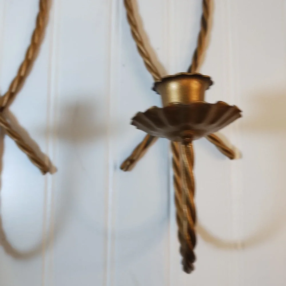 Pair Vtg Homco Braided Candle‎ Holders Twisted Wire Rope Metal Wall Sconces 2